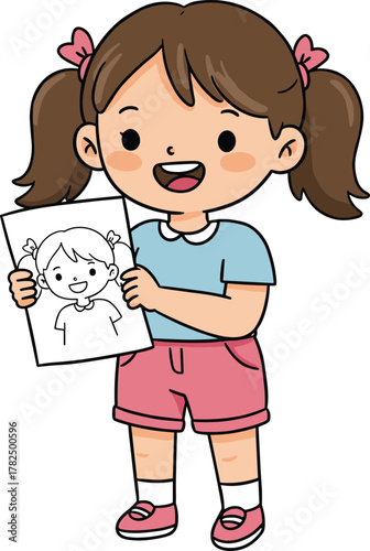 Cute smiling girl holding her self portrait drawing, happy child illustration, creative kids art education concept vector design