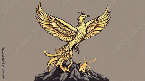 A cartoon vector illustration of a golden eagle or hawk with flying golden wings, a wildlife symbol or mascot design