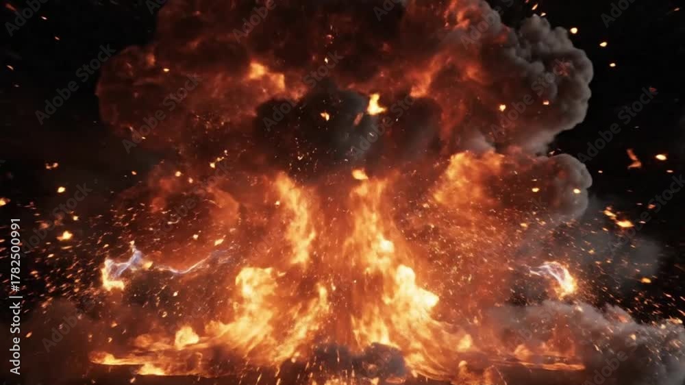 High-speed fireball explosion moving rapidly toward the camera, crossing the frame in an intense forward motion. Fiery blast with detailed flames, heat distortion, and glowing embers.