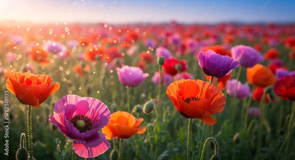 Fototapeta premium Colorful Poppy Field at Sunrise with Dew Drops on Flowers