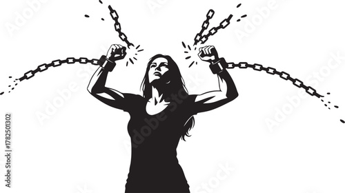 Breaking Free: Powerful Woman Shattering Shackles Silhouette

Feminist Vector Art: Concept of Freedom and Empowerment

Black and White Illustration of Overcoming Adversity and Limits