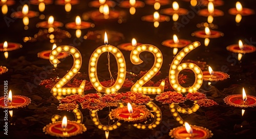 Happy New Year 2026 illuminated by many candles