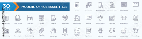 Modern Office Essentials icons collection vector images outline set.
containing severalinvoice, presentation, budget planning, performance review, email and more.
for Web icons set.