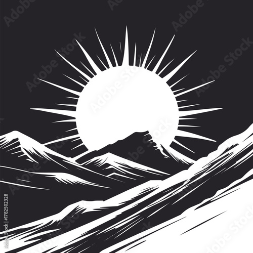 Bold outline of a rising sun over hills 2