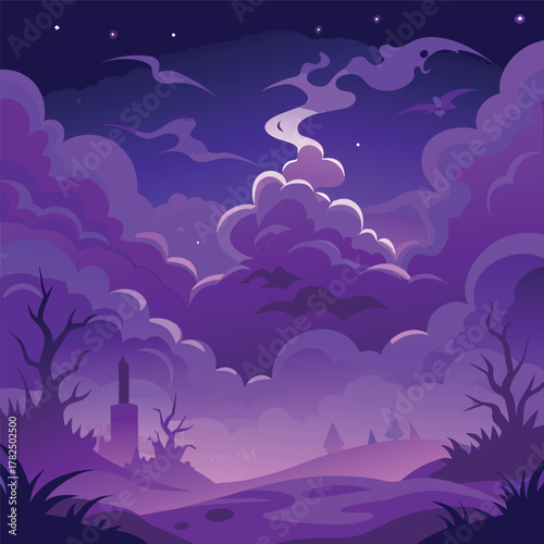 Mystical night landscape with glowing purple clouds, dark silhouettes of trees, and a dreamy fantasy sky — vector illustration, flat style, soft gradient
