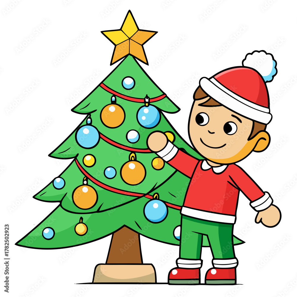Fototapeta premium Kid decorating Christmas tree with ornaments and cheerful expression on white background