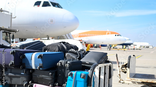Stacked luggage handling carts with unclaimed or delayed baggage on a busy airport tarmac. Airplanes and clear skies in the background. Travel, aviation, and lost luggage themes.