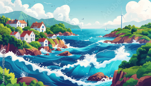 Coastal village with ocean waves and wind turbines