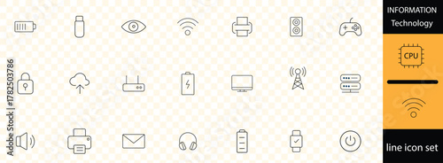 Technology line icons set with editable stroke, featuring gaming console, wireless mouse, nfc, wifi, knowledge worker, vr, cpu, smart tv, internet, social. thin linear