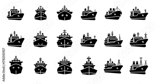 Diverse Cargo Ship Icons Set for Global Logistics Web Design and Maritime Industry Projects
