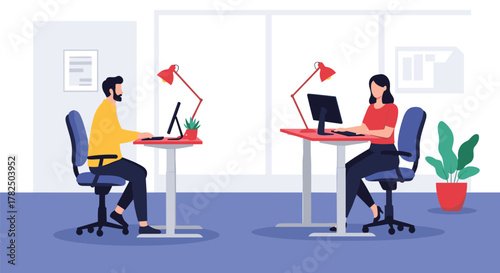 Office workers using adjustable height desks while working on computers with modern desk lamps and plants.