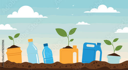 Planting seedlings in repurposed containers and plastic bottles to promote eco-friendly gardening practices.