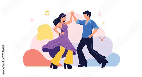 A vibrant illustration depicts a couple engaged in a lively dance celebration.