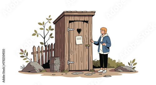 A person stands near an old wooden outhouse with a heart-shaped cutout on the door and a fence behind it.