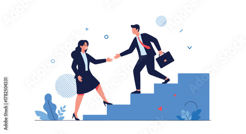 Business colleagues helping each other ascend a career staircase together.
