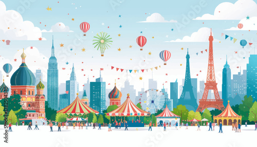 Cityscape with landmarks and festive celebration