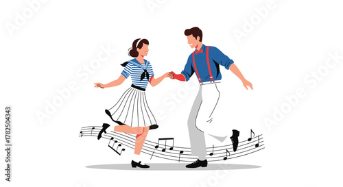A cheerful couple performing a lively swing dance amidst flowing musical notes.