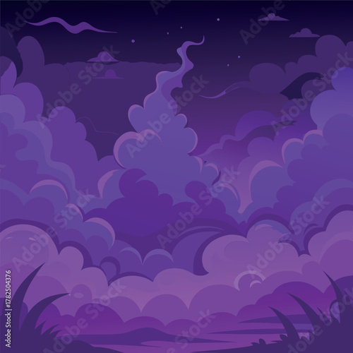Mystical night landscape with glowing purple clouds, dark silhouettes of trees, and a dreamy fantasy sky — vector illustration, flat style, soft gradient