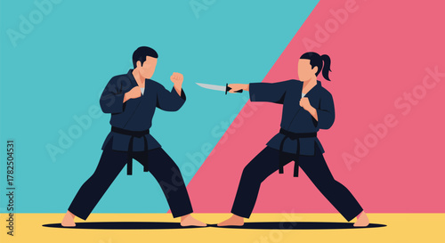 Two martial artists practicing self defense techniques with a knife in a training session.