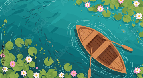 A peaceful wooden boat glides gently through a serene lake filled with water lilies and small fish.