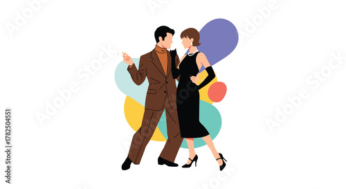 A couple dancing in a retro style with colorful shapes in the background.