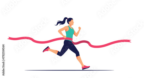 A woman is sprinting towards the finish line as she breaks through the tape during a competition.