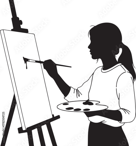 Black Silhouette of Female Artist Painting on Easel

Creative Arts Vector: Woman with Palette and Brush

Fine Art and Painting Studio Concept Graphic