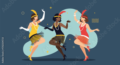 Three flapper dancers in vintage attire celebrating a party with retro style.