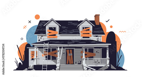 An old abandoned house with boarded up windows and a damaged porch.