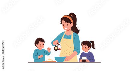 A happy mother and her two children are baking together in the kitchen on a sunny afternoon.