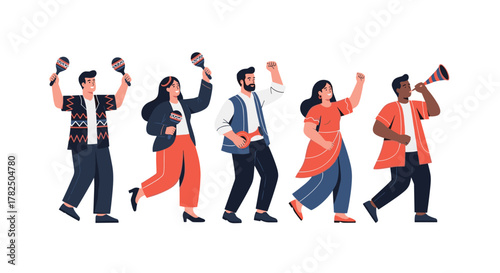 A diverse group of people marching together raising their fists in the air.