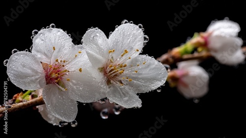 Cherry blossoms glisten with dew