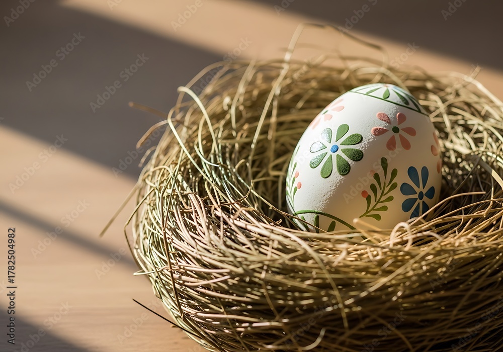Fototapeta premium Decorated Easter egg resting in a straw nest on a wooden surface 