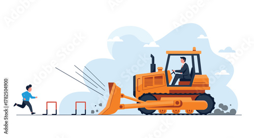 A businessman in a suit drives a bulldozer forward while a man runs ahead trying to clear hurdles.