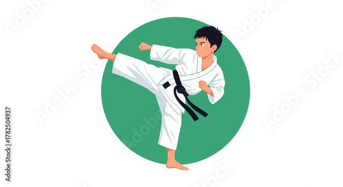 Young martial artist performing a dynamic side kick during training session.