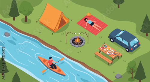 A relaxing campsite by the river with a tent campfire picnic table and kayak.
