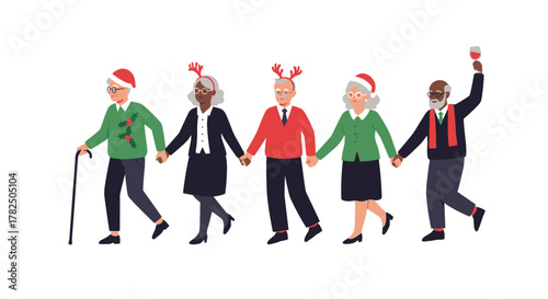 A diverse group of happy senior citizens walking together in festive holiday attire including Santa hats and reindeer antlers celebrating the Christmas season happily.