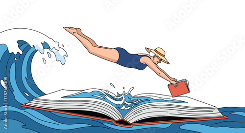 A swimmer dives into an open book emerging from a wave.