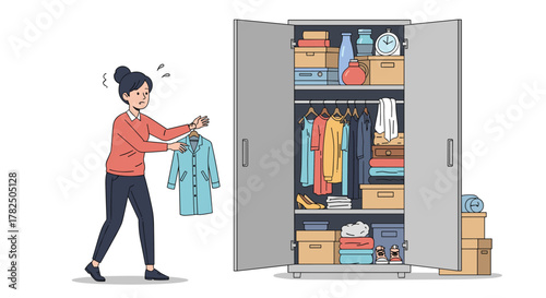 Woman sorting through her overflowing wardrobe choosing an outfit for the day.
