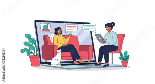 Two people having a conversation on a laptop with a cat nearby.