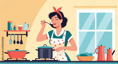 A woman tasting food while cooking in a vintage style kitchen.