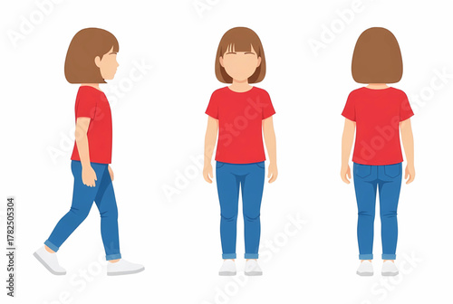 Young girl with bob haircut in a red t-shirt and jeans shown in three views: side walking, front, and back, for youth and character projects.