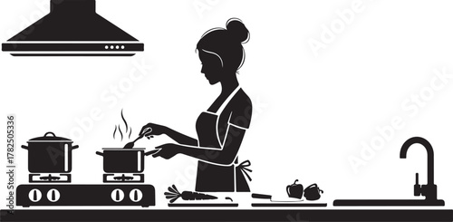 Home Chef: Silhouette of Woman Cooking on a Stove in the Kitchen

Culinary Art: Elegant Vector Illustration of Female Food Preparation

Healthy Eating: Woman Stirring a Pot Near a Sink and Vegetables