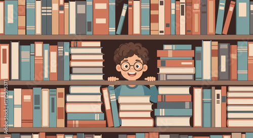 A cheerful child peeks out from behind a stack of books on a shelf.
