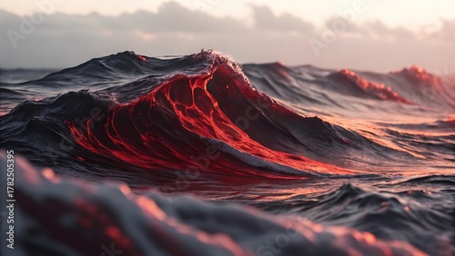 Fototapeta Naklejka Na Ścianę i Meble -  Powerful ocean wave glows with fiery red light at scenic sunset