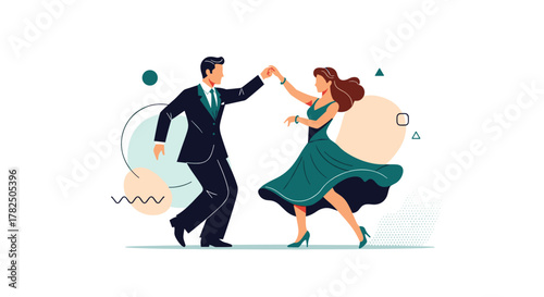 A couple enjoys a lively ballroom dance with an abstract background.