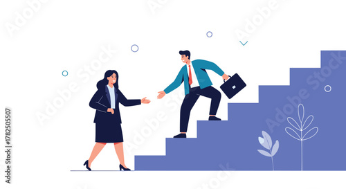 Two people helping each other climb stairs symbolizing business growth and teamwork.