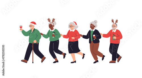 A diverse group of elderly friends celebrates the holiday season together enjoying a festive gathering.