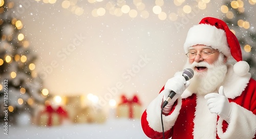 Santa Claus singing into a microphone with Christmas decorations  