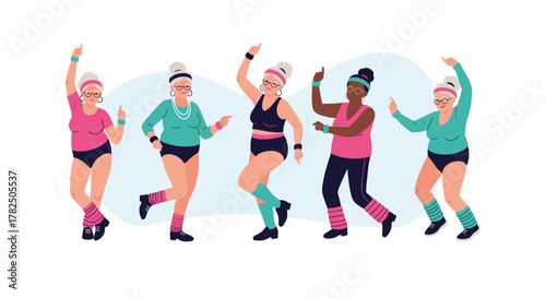 Diverse group of women enjoying energetic dance fitness class with vibrant retro workout attire.